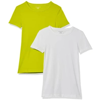 Abbildung von Amazon Essentials Damen Kurzärmeliges T Shirt mit Rundhalsausschnitt, Schmale Passform, 2er Pack, Weiß/Lindgrün, XS
