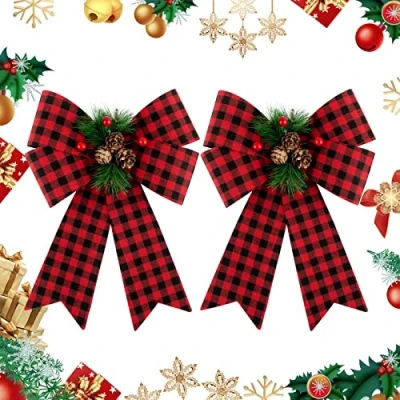 Abbildung von COLOFALLA 2 Stück 22.8x30cm Weihnachten Schleifen Groß Rot Schwarz Kariert mit Tannenzapfen Weihnachtsschelifen Bogen Weihnachtsbaumschmuck Weihnachtsbaum Deko