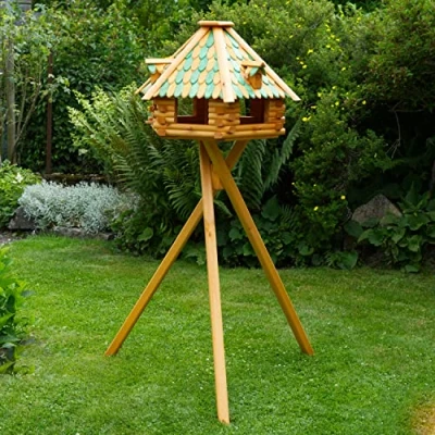 Abbildung von Deko Shop Hannusch XXL Luxus Vogelhaus wahlweise mit Solarbeleuchtung, Vogelfutterhaus aus Holz, V13 Ständer, Futtersilo, Silo (XXL grün/braun Holzschindeln)