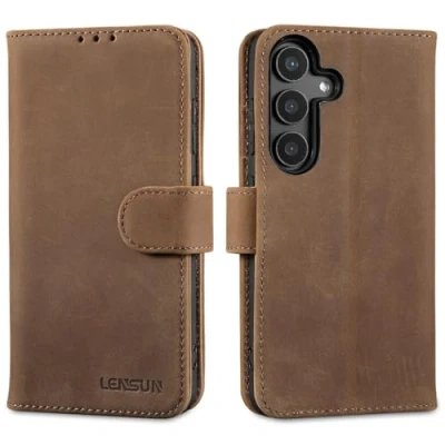 Abbildung von LENSUN Echtleder Handyhülle für Samsung Galaxy S25, Flip Hülle [Brieftasche][RFID Schutz][Standfunktion] Lederhülle Handytasche S25 Vintage Dunkelbraun