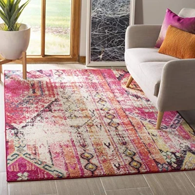Abbildung von SAFAVIEH Boho Teppich für Wohnzimmer, Esszimmer, Schlafzimmer Monaco Collection, Kurzer Flor, Magenta und Multi, 155 X 231 cm