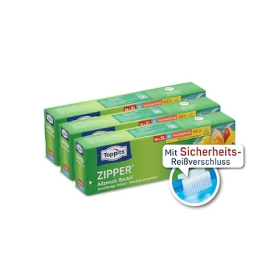 Abbildung von Toppits Zipper Allzweck Beutel 3x 18 Stück Spezialfolie reißfest, wiederverwendbar, transparent Füllvolumen 3 Liter