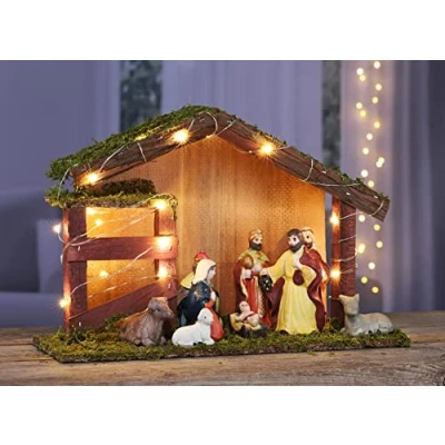 Abbildung von Benelando LED Weihnachtskrippe Holz Krippenstall beleuchtet Figuren Krippenfiguren Deko