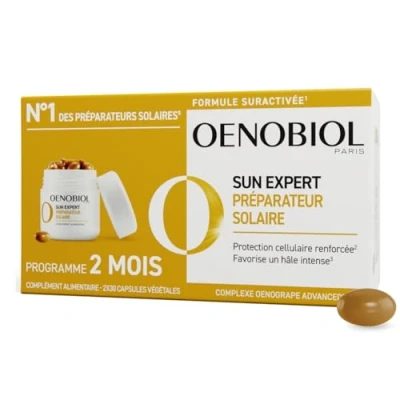 Abbildung von OENOBIOL Sun Expert Solar Vorbereitungsmittel, verstärkter Zellschutz, fördert eine intensive und strahlende Bräune, Nahrungsergänzungsmittel, 2 x 30 Kapseln, Monate