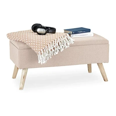 Abbildung von Relaxdays Sitzbank mit Stauraum, gepolstert, Holzbeine, Truhenbank Stoffbezug, HxBxT: 39,5 x 79,5 cm, beige, Holz, 10028940_127