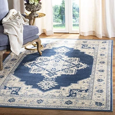 Abbildung von SAFAVIEH Traditionell Teppich für Wohnzimmer, Esszimmer, Schlafzimmer Brentwood Collection, Kurzer Flor, Marine und Creme, 122 X 183 cm