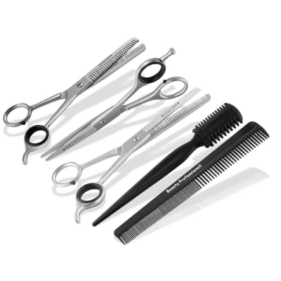 Abbildung von 5 teiliges Haarscheren Set mit Modellierschere Effilierschere Kamm Effiliermesser Haarschneideschere