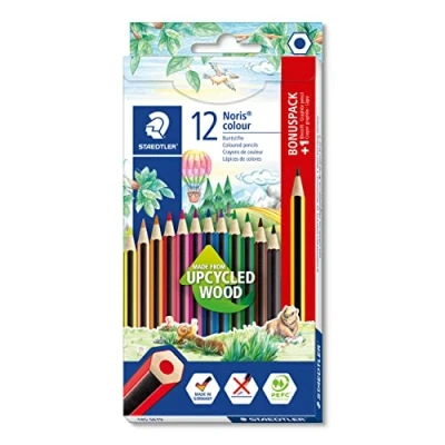 Abbildung von STAEDTLER Buntstifte Noris colour, rutschfeste Soft Oberfläche, hohe Bruchfestigkeit, Made from Upcycled Wood, intensive Farben, Sechskantformat, 12 Farbstifte + 1 Buntstift im Kartonetui, 185 SET9