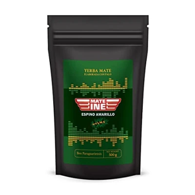 Abbildung von Mateine Yerba Mate Tee Green, ESPINO AMARILLO, Paraguayischer Tee, Sanddornfrucht, Apfel, Chiasamen, Malve, 500 g
