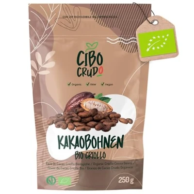 Abbildung von Kakaobohnen Roh Bio 250g. Rohe Ungeröstet zum Essen aus Peru. Raw Cacao Beans Kakao Bohne Ganze Sorte Criollo. Bbiologischer Anbau.