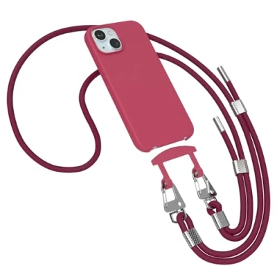 Abbildung von EAZY CASE Hülle mit Band kompatibel iPhone 15 Handyhülle für Schutzhülle Silikonhülle Mikrofaser stoßfester Fallschutz Handykette zum Umhängen 2in1 Handykordel Beeren Rot