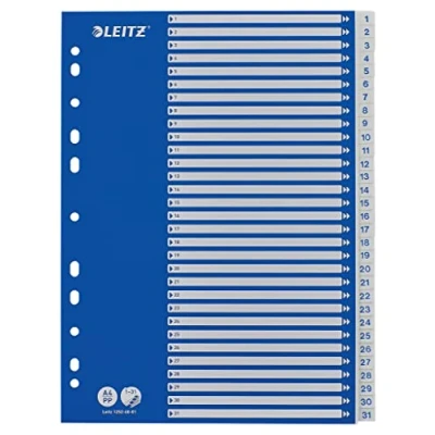 Abbildung von Leitz Register für A4, Deckblatt aus Karton und 31 Trennblätter Kunststoff, Taben mit Zahlenaufdruck 1 31,Blau/Weiß, 12526001