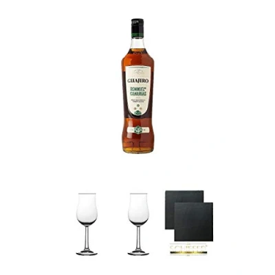 Abbildung von RON MIEL GUAJIRO 30% 1,0 Liter + 2 Bugatti Nosing Gläser mit Eichstrich 2cl und 4cl Schiefer Glasuntersetzer eckig ca. 9,5 cm Ø