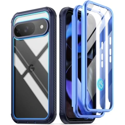Abbildung von POETIC Guardian Hülle für Google Pixel 9/9 Pro 5G, Eingebauter Displayschutz [Funktioniert mit Fingerabdruck ID], [Kabelloses Laden] Stoßfeste Ganzkörperhülle, Blau/Klar