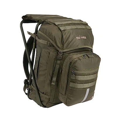 Abbildung von Tatonka Petri Chair 35L Rucksack mit Stuhl und 35 Liter Volumen Belastbar bis 130 Kg Inklusive abnehmbarer Fronttasche spezieller Ausstattung für Angler (olive)