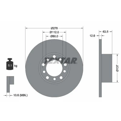 Abbildung von TEXTAR 92009500 Bremsscheibe 278 12,6 05/10 112 voll ohne Radbefestigungsbolzen, Radnabe MERCEDES BENZ: W123 Limousine, Coupe, T modell