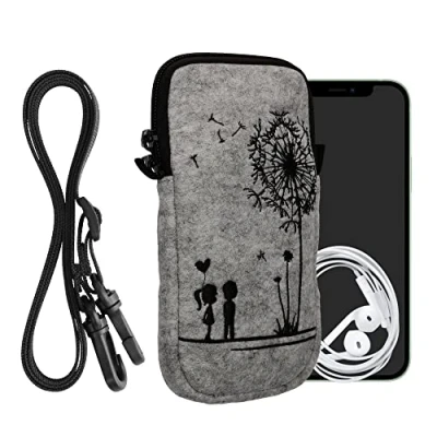 Abbildung von kwmobile Handytasche für Smartphones XXL 7&quot; Filz Handy Hülle Schwarz Hellgrau Tasche mit Kette 17,7 x 8,5 cm Innenmaße Pusteblume Love