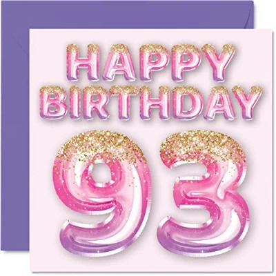 Abbildung von Geburtstagskarte zum 93. Geburtstag für Frauen rosa und lila Glitzerballons Happy Karten 93 Jahre alte Frau Mama Great Nanny Grandma Gran 145 mm Ninety Three Nunety Third Greeting Cards Gift