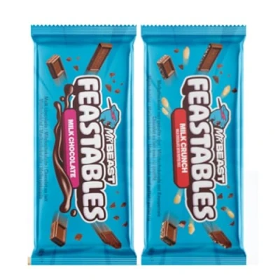 Abbildung von Mr Beast Feastables Schokoladenriegel 2er Pack: Milk Chocolate &amp; Crunch 2 x 60g Zartschmelzende Milchschokolade pur mit knusprigem Puffreis