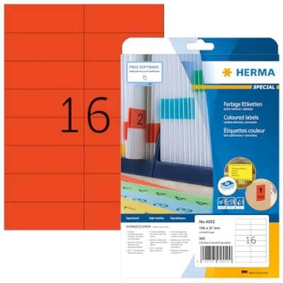 Abbildung von HERMA 4552 Farbige Etiketten rot ablösbar, 20 Blatt, 105 x 37 mm, 16 pro A4 Bogen, 320 Stück, selbstklebend, bedruckbar, matt, blanko Papier Farbetiketten Aufkleber