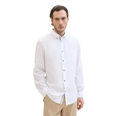 Abbildung von TOM TAILOR Herren Tailliertes Hemd mit Turn Up Ärmeln, White, M