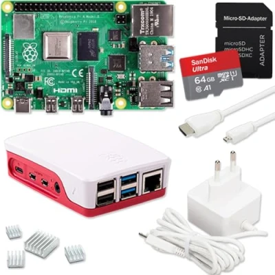 Abbildung von Raspberry Pi 4 8GB Starter Set 64GB SD Karte USB C Netzteil 15W Gehäuse 4K Micro HDMI Kabel Kühlkörper Model B RAM