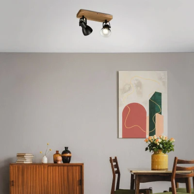 Abbildung von BRILONER Deckenlampe Vintage schwenkbar, Holzbasis, GU10 Fassung, max. 35 Watt, Deckenleuchte, Lampe, Wohnzimmerlampe, Schlafzimmerlampe, Küchenlampe, Deckenstrahler, 28x10x13,5 cm, Schwarz Weiß
