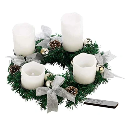 Abbildung von Britesta Tannenkränze LED Kerzen: Adventskranz mit weißen Kerzen, silbern geschmückt (Adventskranz ohne Echte Weihnachtsschmuck Beleuchtung, Kabellose Weihnachtskerzen)