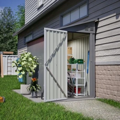 Abbildung von Thanaddo Metall Gerätehaus Gartenhaus 110x229x192cm, Geräteschuppen mit Pultdach, wetterfest Gartenschuppen Inkl. Metallfundament (ohne Boden) für Outdoor Garten Terrasse, Grau