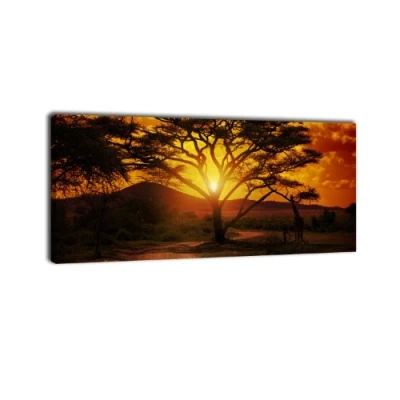 Abbildung von wandmotiv24 Leinwandbild Panorama Nr. 56 Afrika Sonnenuntergang 100x40cm, Keilrahmenbild, Bild auf Leinwand, Savanne, Giraffe, Abendrot