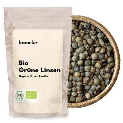Abbildung von Kamelur 500g BIO grüne Linsen getrocknet getrocknete Hülsenfrüchte ohne Zusätze grün in biologisch abbaubarer Verpackung