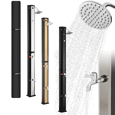 Abbildung von Arebos Solardusche 35 Liter 216 cm mit integriertem Thermometer inklusive Abdeckhaube runder Duschkopf Fußdusche Gartenschlauch Anschluss inkl. Montagematerial Silber Schwarz