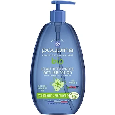 Abbildung von POUPINA Bio Reinigungswasser gegen Irritationen für Babys, 99% natürlich, Parfümfrei, Hypoallergen Hamamelis und Aloe Vera Vegan, Made in France, 485 mL