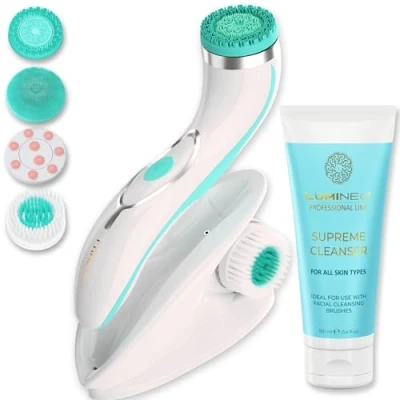 Abbildung von Lumineo Gesichtsreinigungsbürste mit Reinigungsgel, zur Poren Peeling und Mitesserreinigung, elektrische USB Gesichtsbürste für sanfte Tiefenreinigung (PRO türkis (normale Haut))