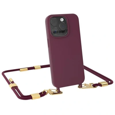 Abbildung von EAZY CASE Handykette mit Karabiner kompatibel iPhone 15 Pro Hülle Silikon Fallschutz Handyhülle für Kette zum Umhängen Schutzhülle Mikrofaser in Beere Clips Gold