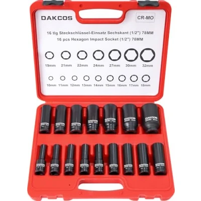 Abbildung von DAKCOS 16tlg 1/2&quot; Schlagschrauber Nüsse Satz 10 32mm Sechskant Kraft Nuss Steckschlüssel Schlagnüsse, CR MO