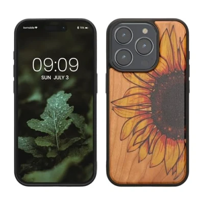 Abbildung von kwmobile Hülle kompatibel mit iPhone 15 Pro Holz Case Handy Cover TPU Handyhülle in Gelb Dunkelbraun Hellbraun Wood Sunflower