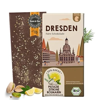 Abbildung von DRESDEN Pistazie, Zitrone und Rosmarin Milchschokolade/Bio Kakao Fair gehandelt/Design Trade Stadt / (1 Tafel, 75g)