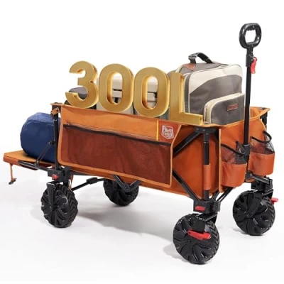 Abbildung von TIMBER RIDGE 300L Bollerwagen Faltbare XXXL Extra Langer mit Faltbarer Heckklappe Strandwagen Bremse Seitentasche Getränkehalter verstellbarem Griff, Gartenwagen Transportwagen für Alle Gelände