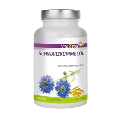 Abbildung von Vita2You Schwarzkümmel Öl Kapseln 360 Softgels 1000mg pro Tagesdosis 57% Linolsäure mit Vitamin E Hochdosiert in Premium Qualität