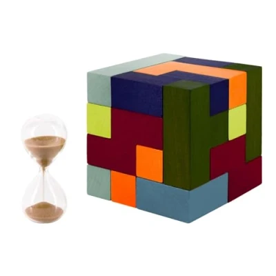 Abbildung von Remember 3D Puzzle KUBUS mit Sanduhr, Bausteinen, Aufgabenkarten, Puzzleteile, Aufgabenkarten