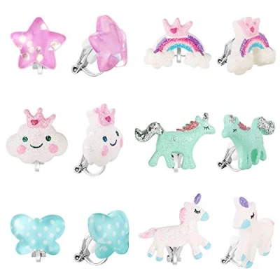 Abbildung von PinkSheep Bling Clip On Ohrringe für kleine Mädchen, Einhorn Regenbogen Kinder, 6 Paar, Bestes Geschenk