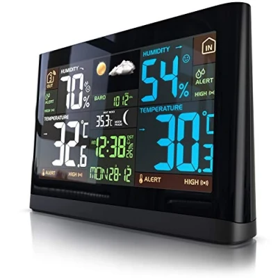 Abbildung von Brandson Wetterstation Funk mit Außensensor großes Farbdisplay Funkuhr DCF Empfangssignal Innen und Außentemperatur relativer Luftdruck Barometer Temperaturtrend Lichtsensor schwarz