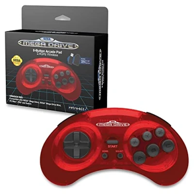 Abbildung von Retro Bit Sega Mega Drive 2.4 GHz Wireless Controller 8 Button Arcade Pad for Genesis Original/Mini, Switch, PC, Mac Includes 2 Receivers &amp; Storage Case (Crimson Red) (Nintendo Switch)