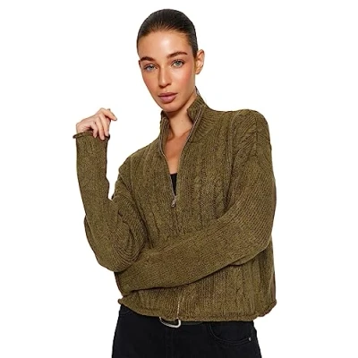 Abbildung von Trendyol Women&#039;s Damen Haarzopf Lange Ärmel Regulär Strickjacke Cardigan Sweater, Khaki, Large