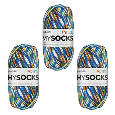 Abbildung von myboshi mysocks Pixel, 6 fädige Sockenwolle, strapazierfähig, Garn aus Schurwolle, filzfrei, 150g, Ll 390m Grün (Booker) 3 Knäuel