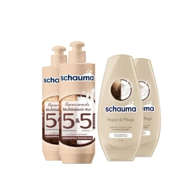 Abbildung von Schauma 5&amp;5 Reparierende Multitalent Kur (2x300 ml) Haarmaske Haarkur Splissversiegelung &amp; Schwarzkopf Spülung Repair Pflege (2x250 Kokos Extrakt pflegt bessere Kämmbarkeit