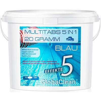 Abbildung von GlobaClean Multitabs 5 in 1 20g 5kg Blau Chlortabletten für Pool mit Phasen zur Pflege, Reinigung &amp; Desinfektion Mini kristallklares und hygienisches Poolwasser