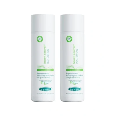 Abbildung von benevi neutral ISO Lotion 200ml. Bodylotion für sehr trockene, rissige, empfindliche, juckende und schuppende Haut, hinterlässt angenehmen, pflegenden Schutzfilm.