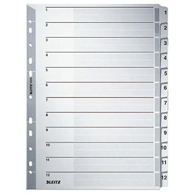Abbildung von Leitz Register für A4, Deckblatt und 12 Trennblätter, Taben mit Zahlenaufdruck 1 12, Lochrand bunte folienverstärkt (Mylar), Grau, Karton, 43250000